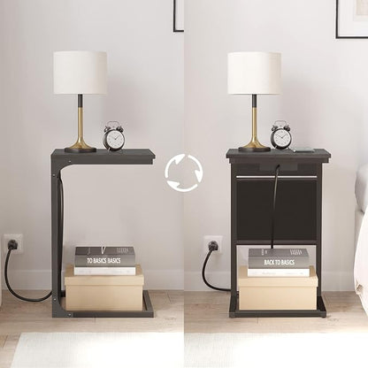 TUTOTAK C Shaped End Table with Charging Station, Side Table for Sofa, Couch Table with Storage Bag, Set of 2, TV Tray Table with 2 USB Ports and Outlets for Living Room, Bedroom, Black TB01BK0242