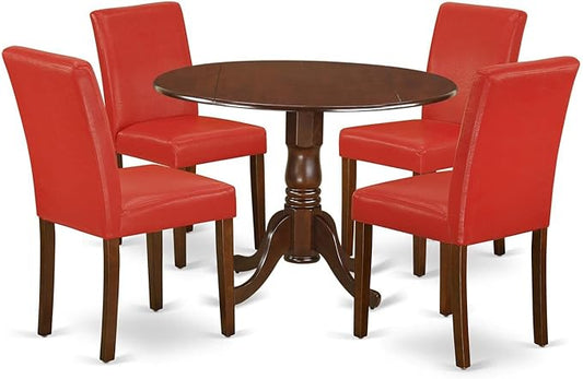 East West Furniture DLAB5-MAH-72 5 Piece Dinette Set for 4 Includes a Round Dining Table with Dropleaf and 4 Firebrick Red Faux Leather Parson Dining Room Chairs, 42x42 Inch, Mahogany
