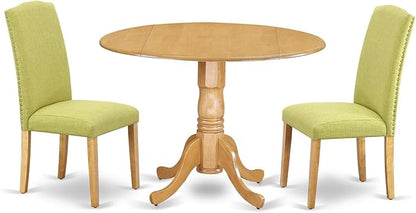 East West Furniture DLEN3-OAK-07 3 Piece Kitchen Table Set Contains a Round Dining Room Table with Dropleaf and 2 Limelight Linen Fabric Parson Dining Chairs, 42x42 Inch, Oak