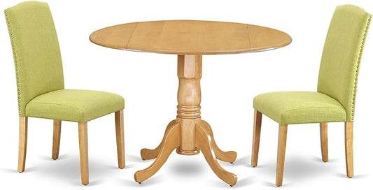 East West Furniture DLEN3-OAK-07 3 Piece Kitchen Table Set Contains a Round Dining Room Table with Dropleaf and 2 Limelight Linen Fabric Parson Dining Chairs, 42x42 Inch, Oak
