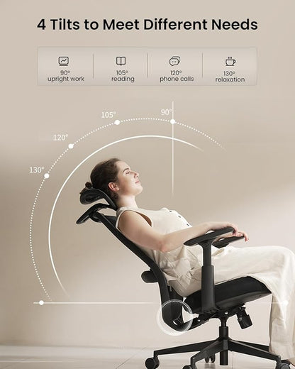 ProtoArc Ergonomic Office Chair – EC200 High-Back Mesh Computer Chair with Lumbar Support, 3D Adjustable Headrest & Sliding Seat for 8+ Hour Comfort, Big & Tall Home Office Desk Chairs - Black