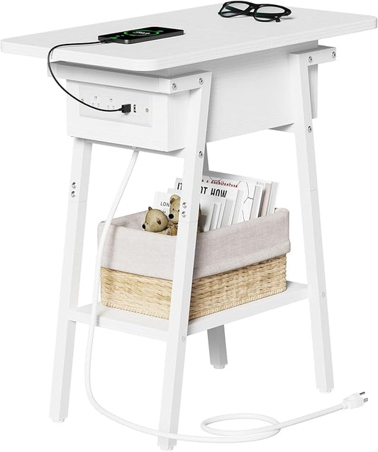 End Table with Charging Station, Flip Top Side Table with USB Ports and Outlets, Bedside Tables for Small Spaces,Nightstand with Storage Shelf for Living Room, Bedroom, White