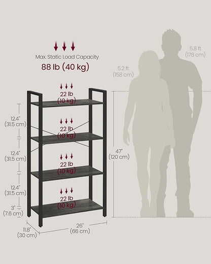VASAGLE 4-Tier Bookshelf, Bookcase with Steel Frame, Book Shelf for Living Room, Home Office, Study, 11.8 x 26 x 47 Inches, Industrial Style, Charcoal Grey and Ink Black ULLS060B04
