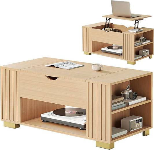 COMHOMA Lift Top Coffee Tables for Living Room, 39" Center Table with Hidden Storage Compartment, Adjustable Wooden Tea Table for Small Spaces, Natural Oak