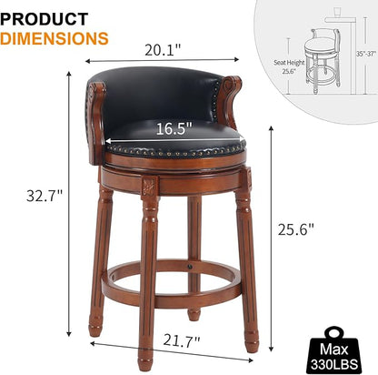 Cow top Leather Wooden Bar Stools, 29.5" Bar Height Bar Chair with Back, 180 Degrees Swivel Barstools Chair for Home Kitchen Counter,Dining Room (Black-1pc, Counter Height-Seat Height 26”)