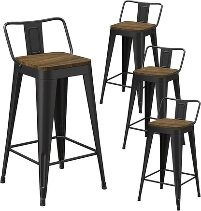 Black Bar Stools Set of 4, Metal Bar Stools with Wooden Seat, Modern 24”Counter Height Barstools with Low Back
