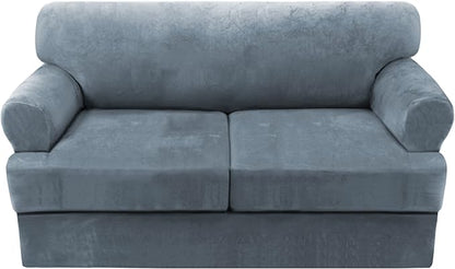 H.VERSAILTEX Sofa Cover 3 Piece T Cushion Loveseat Slipcovers Thick Velvet Couch Cover Stretch T Cushion Sofa Covers for 2 Cushion Couch with 2 Individual T Cushion Covers Washable, Stone Blue