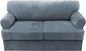 H.VERSAILTEX Sofa Cover 3 Piece T Cushion Loveseat Slipcovers Thick Velvet Couch Cover Stretch T Cushion Sofa Covers for 2 Cushion Couch with 2 Individual T Cushion Covers Washable, Stone Blue