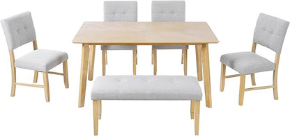 Merax 6 Piece Solid Wood Dining Table Set for 6, Rustic Farmhouse Rectangular with 4 Upholstered Wooden Chairs and 1 Bench, Kitchen Room, Natural Wood Wash