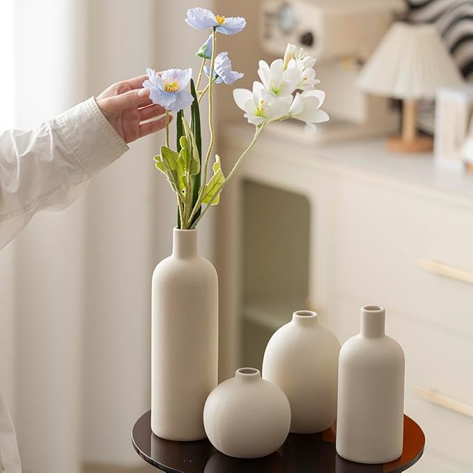 Modern Ceramic Vase Set, Neutral Colors, Decorative Vases for Home Decor, 4 Piece Collection (Beige)