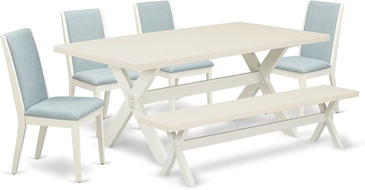 East West Furniture X027LA015-6 6 Piece Dining Table Set Contains a Rectangle Dining Room Table and 4 Baby Blue Linen Fabric Parson Chairs with a Bench, 40x72 Inch, Multi-Color