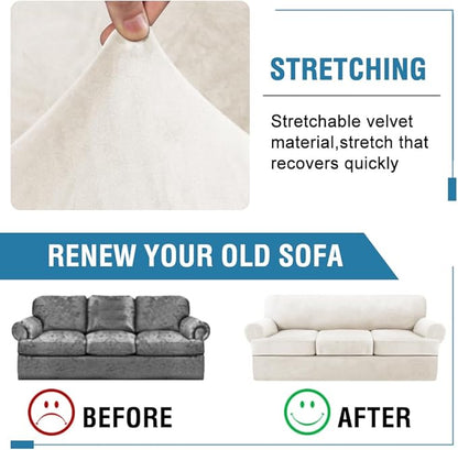 H.VERSAILTEX Sofa Cover 4 Piece T Cushion Sofa Slipcovers Thick Velvet Couch Cover Stretch T Cushion Sofa Covers for 3 Cushion Couch with 3 Individual T Cushion Covers, Porcelain
