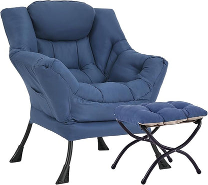 Large Lazy Chair with Ottoman, Accent Reading Chair with a Footrest, Cozy Lounge Armchair, Leisure Sofa Armchair for Living Room, Bedroom, Dorm Room, Office (Royal Blue)