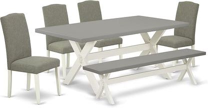 East West Furniture X097EN206-6 6 Piece Dining Set Contains a Rectangle Dining Room Table with X-Legs and 4 Dark Shitake Linen Fabric Parson Chairs with a Bench, 40x72 Inch, Multi-Color