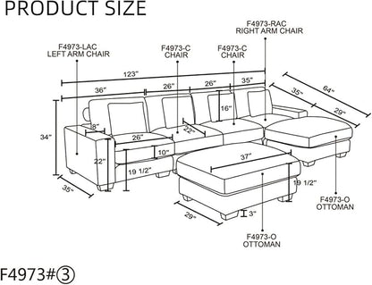 Sectional Couches for Living Room, Stylish Sectional Loveseat Sofa with Double Ottoman & Deep Seats, Living Room Furniture Home Sofa for Adults, Dove Gray