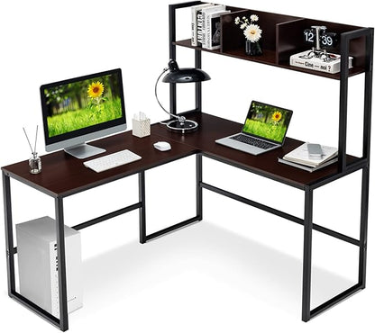Tangkula Reversible L-Shaped Desk with Hutch, Space Saving Corner Computer Desk with Storage Shelves, Home Office Study Writing Desk Computer Workstation with Storage Bookshelf, Gaming Desk