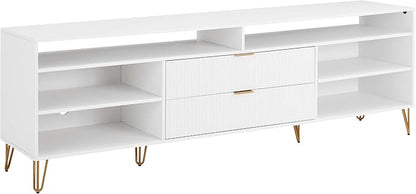 Manhattan Comfort Dumbo Mid Century Modern TV Stand for Televisions up to 80 Inches, Home Entertainment Center with Storage, 6 Shelves, 2 Drawers, No Tool Assembly, 85" Wide, White