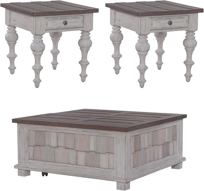 Liberty Furniture River Place Living Room Opt 3 Piece Set - Lift Top Cocktail Table, 2 End Tables - Riverstone White & Tobacco