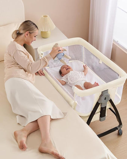 3 in 1 Baby Bassine Crib with Breathable Mesh, Bassinet Bedside Sleeper with Wheels, Mosquito Net, Storage Basket, 6 Height Adjustable, Easy to Fold, Rocking Bassinet for Baby