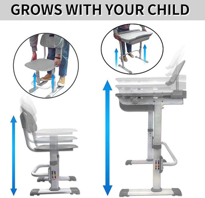 Kids Desk and Chair Set, Height Adjustable Children School Study Desk with Tilt Desktop, Bookstand, LED Lamp, Metal Hook and Storage Drawer for Boys Girls, Grey