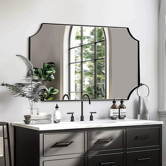 ANDY STAR 30x48 Inch Mirror, Matte Black Bathroom Vanity Mirror, Scalloped Rectangle Mirror in Premium Stainless Steel Metal Thin Frame Deep 1", Large Wall-Mounted Mirror (Horizontal/Vertical)
