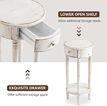 COSIEST Tall End Table with Drawer Sets of 2, Round Nightstand Bedside Table with Storage Shelf, Industrial Telephone End Table for Living Room, Bedroom, Hall Way, Space Saving
