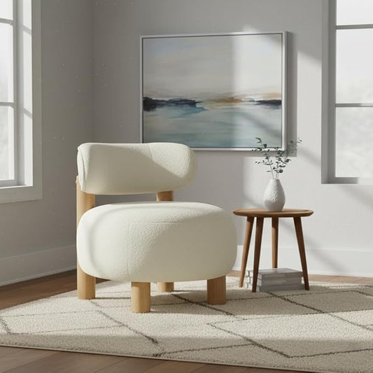 Modern Boucle Accent Chair, with Plush Faux Sherpa Upholstery, Curved Backrest, Solid Wood Legs for Living Room Bedroom Reading Nook, 27.5", White