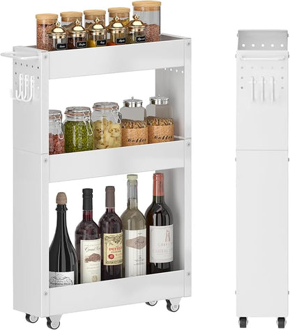 Slim Storage Cart, 5 in Width, 3-Tier White Rolling Cart with Handle for Kitchen Bathroom Laundry Narrow Places