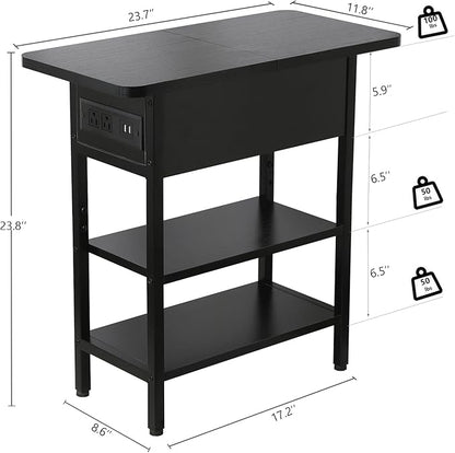 Modern End Table with Charging Station, Narrow Side Table with USB Ports & Outlets, Flip-Top Nightstand with Storage Shelf, Small Bedside Table for Living Room, Bedroom, Small Space, Black