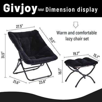 Comfy Folded Chair with Ottoman, Oversized Folding Faux Fur Chair Soft Furry Lounge Lazy Chair with Metal Frame Moon Chair Accent Chair for Bedroom, Living Room, Dorm Rooms