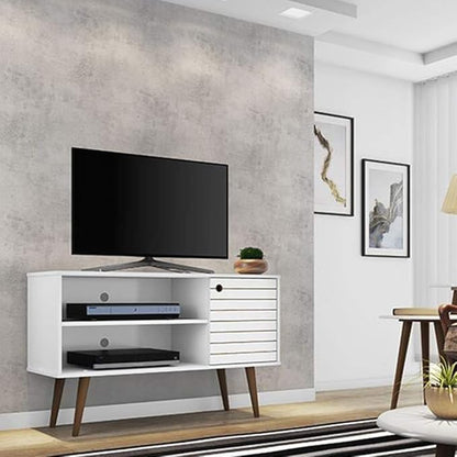 Manhattan Comfort Liberty Mid Century Modern TV Stand for Televisions up to 46 Inches, Bedroom and Living Room Entertainment Center with Storage, Shelves, and Cabinet, 43" Wide, White