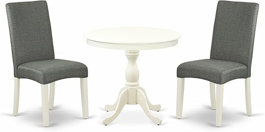 East West Furniture AMDR3-LWH-07 3 Piece Dining Table Set for Small Spaces Contains a Round Kitchen Table with Pedestal and 2 Gray Linen Fabric Upholstered Chairs, 36x36 Inch, Linen White