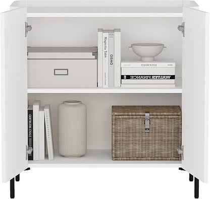Manhattan Comfort Abbey Accent Cabinet with Doors, Tray Top Design and Adjustable Shelves, Sleek Modern Storage Furniture for Dining Area, Living Room, Bedroom, Entryway, White