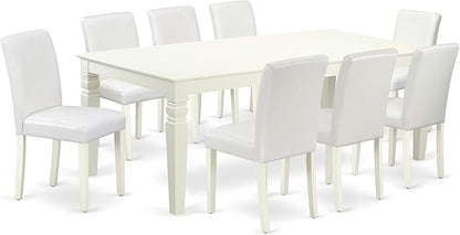 East West Furniture LGAB9-LWH-64 9 Piece Dining Table Set Includes a Rectangle Kitchen Table with Butterfly Leaf and 8 White Faux Leather Upholstered Chairs, 42x84 Inch, Linen White