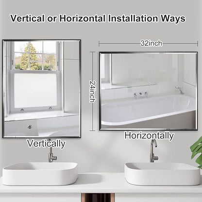 24x32 Inch Black Mirror with Beveled Trim, Aluminum Frame Bathroom Vanity Mirror, Modern Rectangular Wall Mounted Mirror