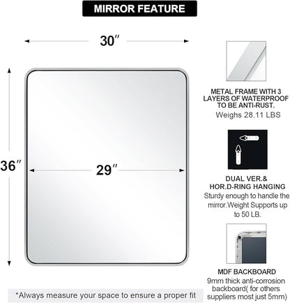 ANDY STAR Chrome Bathroom Mirror, 30x36’’ Rounded Rectangle Mirror Polished Silver Bathroom Vanity Mirror Metal Framed, SUS304-Anti-Rust, Tube Frame, Wall-Mounted Horizontal/Vertical 1’’ Deep