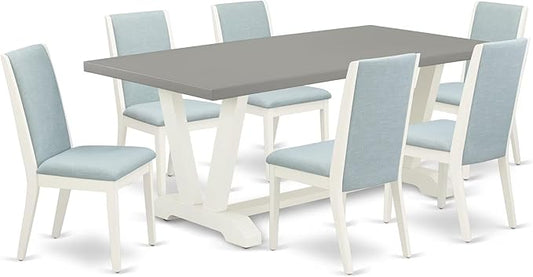 East West Furniture V097LA015-7 7 Piece Dinette Set Consist of a Rectangle Dining Table with V-Legs and 6 Baby Blue Linen Fabric Parson Dining Room Chairs, 40x72 Inch, Multi-Color