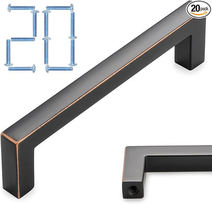 KOOFIZO 20-Pack Solid Square Bar Cabinet Handle - Oil Rubbed Bronze Furniture Pull, 3.8 Inch/96mm Screwhole Distance for Kitchen Cupboard Door, Bedroom Dresser Drawer, Bathroom Wardrobe Hardware