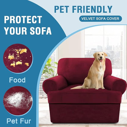 H.VERSAILTEX Sofa Cover 2 Piece T Cushion Armchair Slipcovers Velvet Couch Cover Furniture Protector Stretch T Cushion Sofa Covers for 1 Cushion Couch with 1 Individual T Cushion Covers, Burgundy