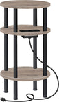Small Round Side Table with Charging Station, Round End Accent Table, 3-Tier Sofa Side Table for Small Spaces, Nightstand for Living Room, Bedroom, Greige and Black TBZ06UFH