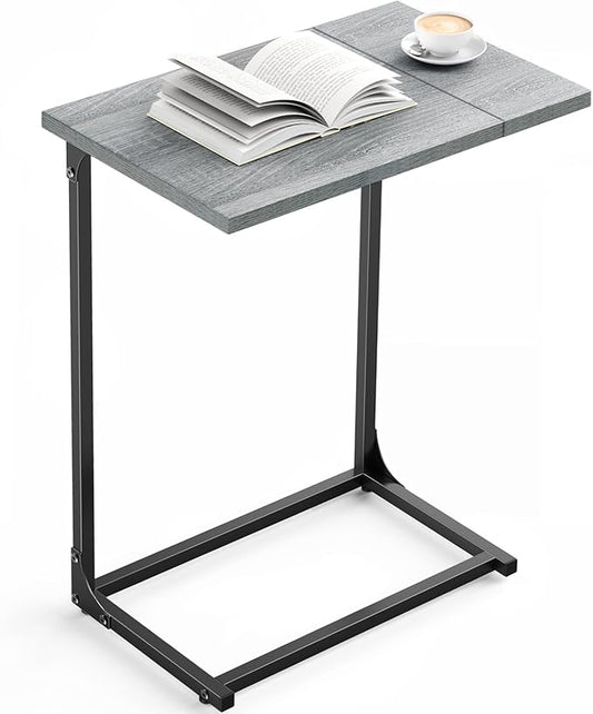 Pipishell C-Shaped Side Table, C-Table for Sofa, Couch Table with Metal Frame, Large Surface Sofa Table for Living Room, Bedroom, and Home Office, Rustic Design, PIET11G