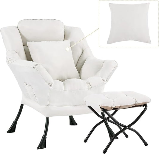 Lazy Chair with Ottoman, Comfy Reading Lounge Chair with Footstool & Throw Pillow Modern with Armrests & Side Pocket for Living Room, Bedroom, Dorm Room, Beige