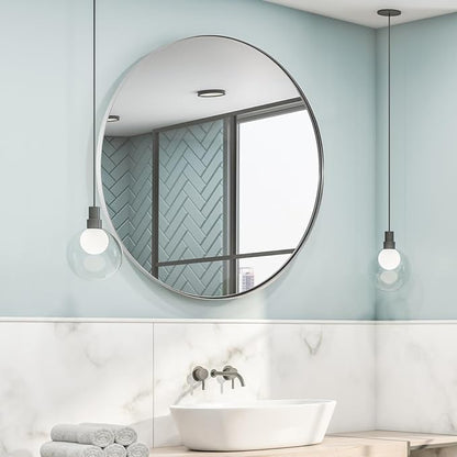 ANDY STAR 36" Chrome Round Mirror, Round Chrome Mirror, Polished Silver Large Vanity Mirror Metal Framed for Living Room, Dining Room, Fireplace