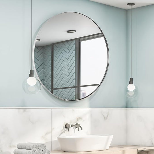 ANDY STAR 36" Chrome Round Mirror, Round Chrome Mirror, Polished Silver Large Vanity Mirror Metal Framed for Living Room, Dining Room, Fireplace