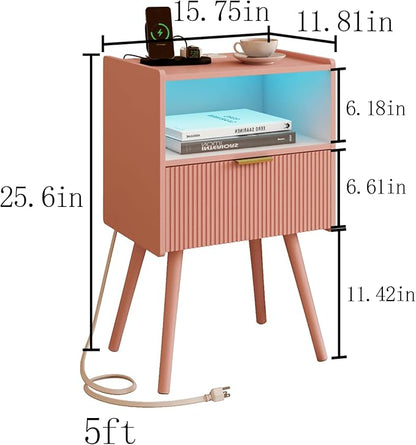 Pink Nightstand, Modern Bedside Table with Charging Station and LED Lights