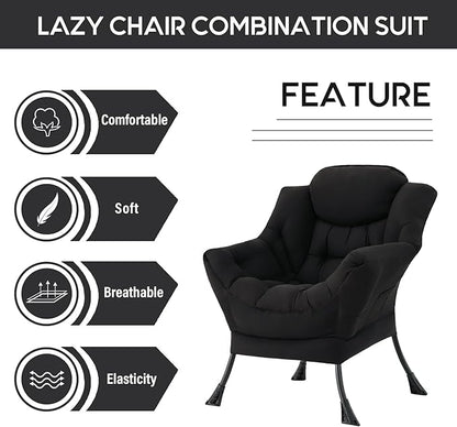 LITA Lazy Chair with Ottoman, Modern Accent Leisure Upholstered Sofa, Contemporary Lounge Reading Chair with Armrests and a Side Pocket for Living Room, Bedroom & Small Space, Single Black