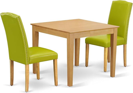 East West Furniture OXEN3-OAK-51 3 Piece Dinette Set for Small Spaces Contains a Square Dining Room Table and 2 Autumn Green Faux Leather Parsons Dining Chairs, 36x36 Inch, Oak