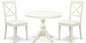 East West Furniture HBBO3-LWH-C 3 Piece Modern Dining Table Set Contains a Round Wooden Table with Pedestal and 2 Linen Fabric Kitchen Dining Chairs, 42x42 Inch, Linen White