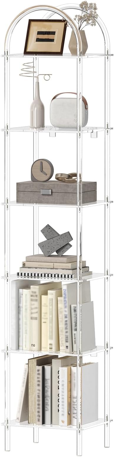 6-Tier Tall Acrylic Arched Bookcase, 13.8''W x 11.8''D x 68.4''H, Clear Narrow Bookshelf for Small Space, Open Book Shelves for Home Office, Living Room, Bedroom, Modern