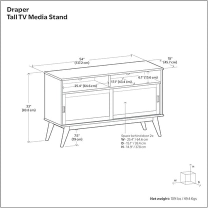 SIMPLIHOME Draper SOLID HARDWOOD 54 Inch Wide Mid Century Modern TV Media Stand in Teak Brown For TVs up to 60 Inches, For the Living Room and Entertainment Center